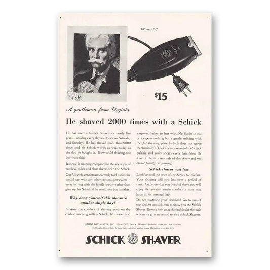 1937 Schick Shaver Gentleman from Virginia He Shaved 200 Vintage Magazine Print Ad