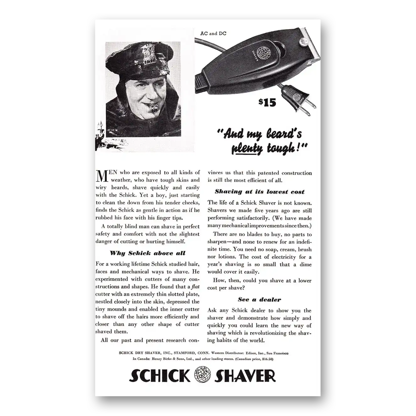 1937 Schick Shaver My Beards Plenty Tough Police Officer Vintage Magazine Print Ad