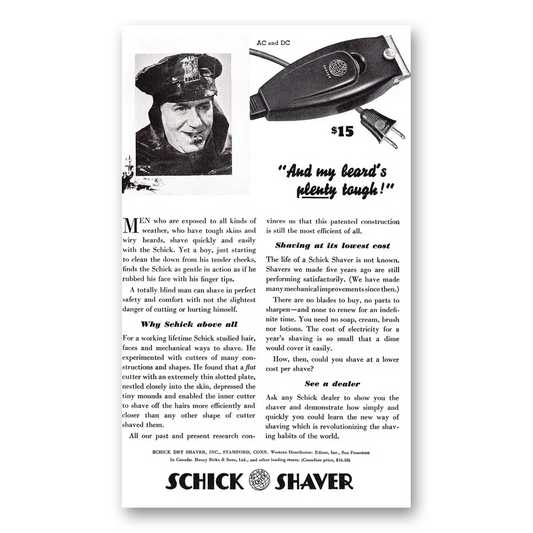 1937 Schick Shaver My Beards Plenty Tough Police Officer Vintage Magazine Print Ad