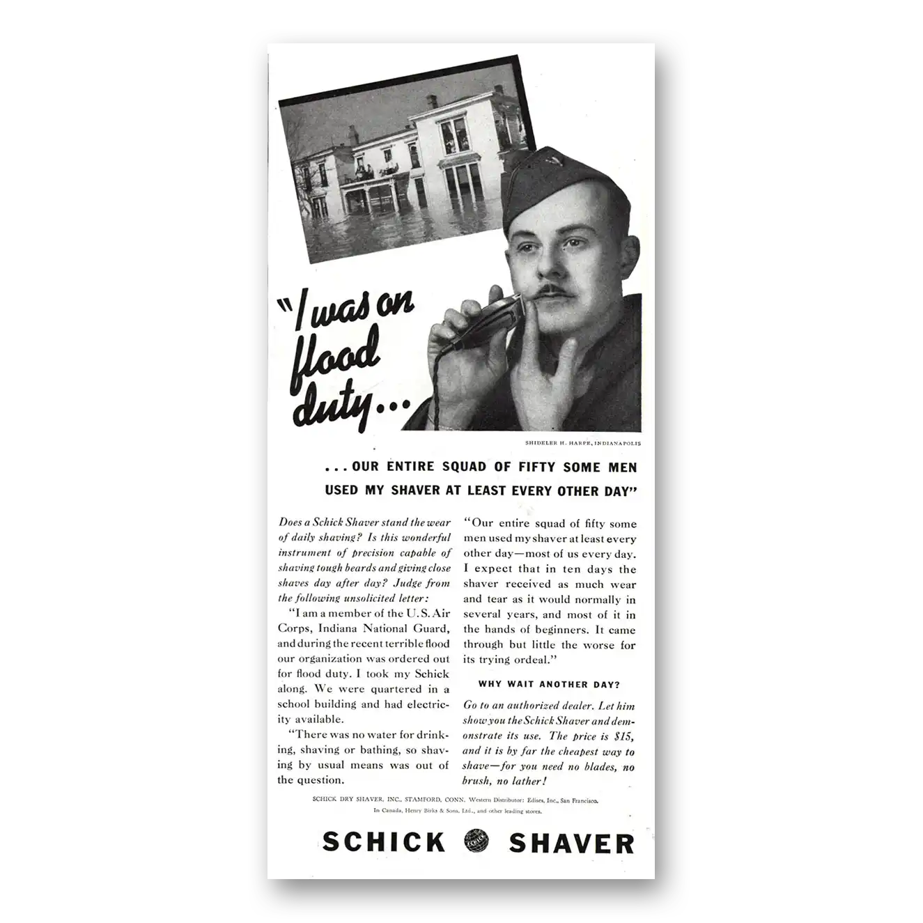 1937 Schick Shaver I Was On Flood Duty Entire Squad Vintage Magazine Print Ad