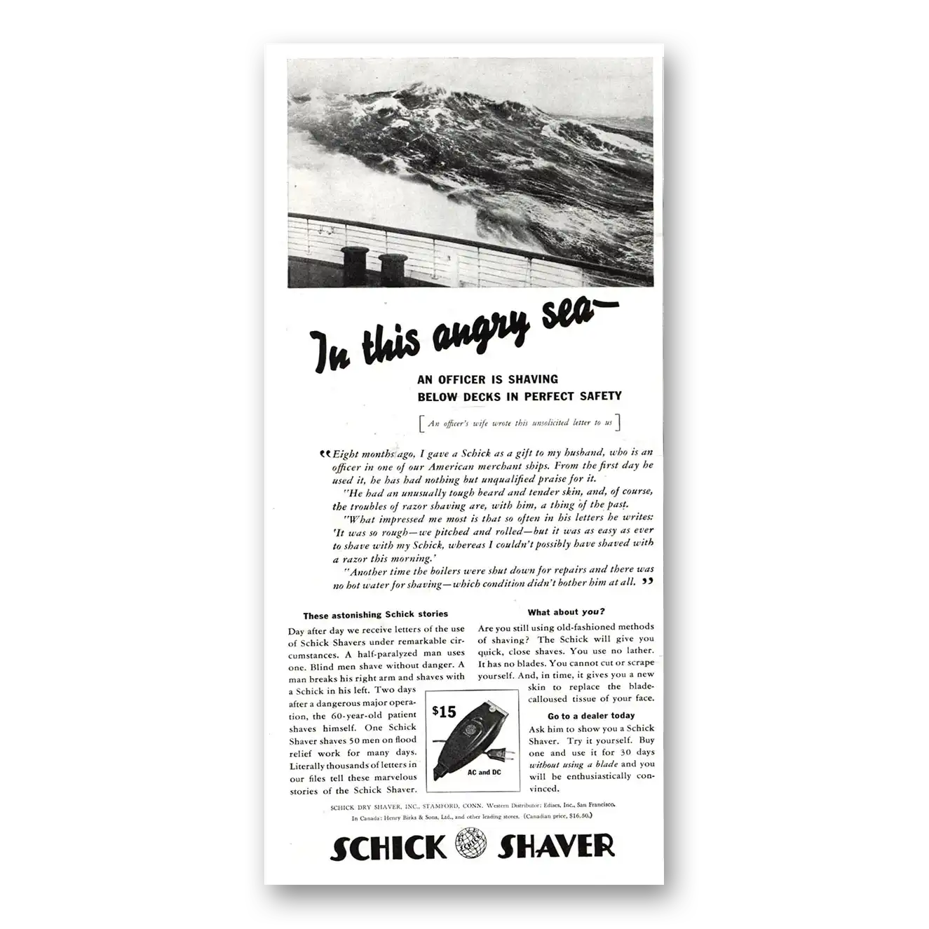 1937 Schick Shaver In This Angry Sea Vintage Magazine Print Ad