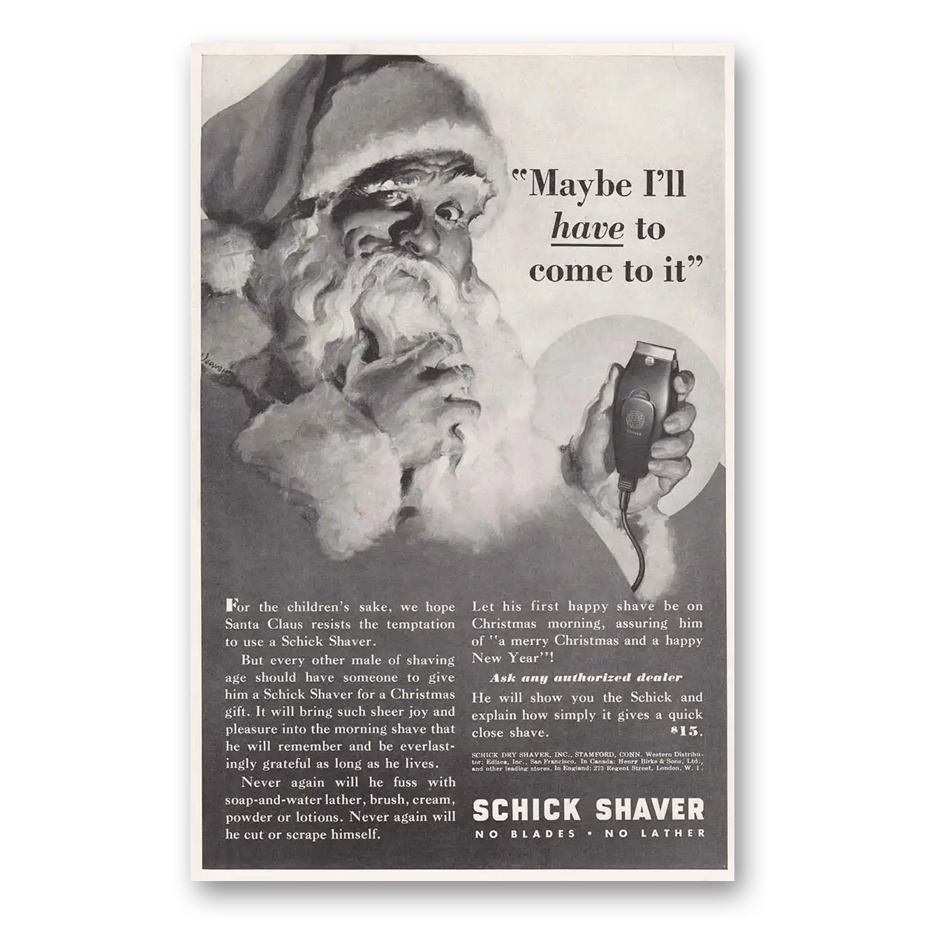 1937 Schick Shaver Santa Maybe I'll Have to Come To Vintage Magazine Print Ad