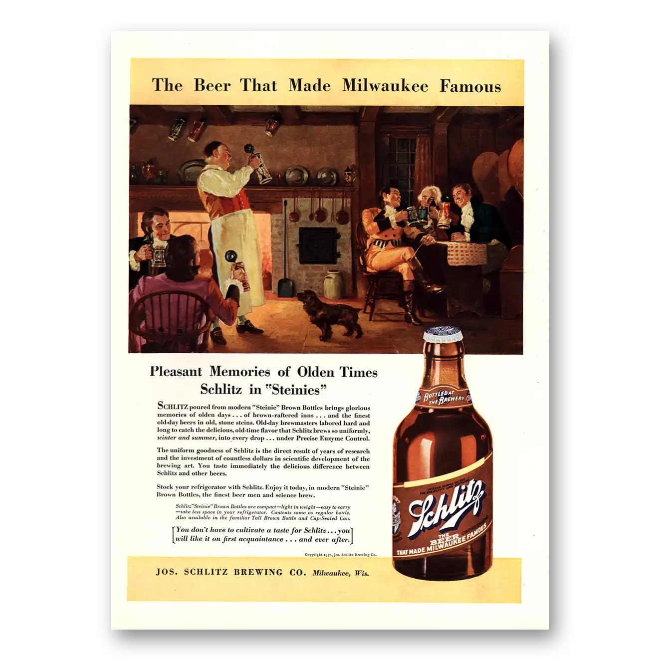 1937 Schlitz Beer Pleasant Memories Olden Times Steinies Vintage Magazine Print Ad