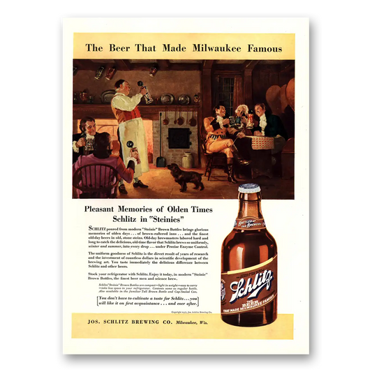 1937 Schlitz Beer Pleasant Memories Olden Times Steinies Vintage Magazine Print Ad