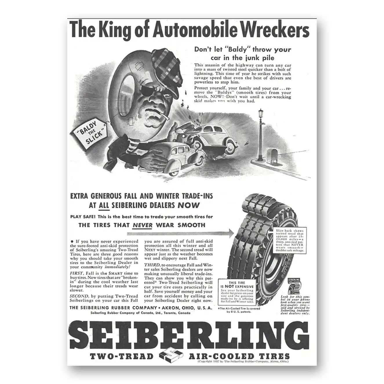 1937 Seiberling Tires King of Automobile Wreckers Vintage Magazine Print Ad