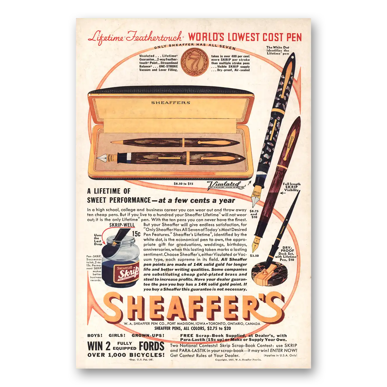 1937 Sheaffers Fountain Pen Feathertouch Lifetime Sweet Performance Vintage Magazine Print Ad