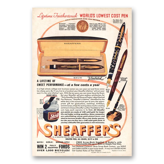 1937 Sheaffers Fountain Pen Feathertouch Lifetime Sweet Performance Vintage Magazine Print Ad