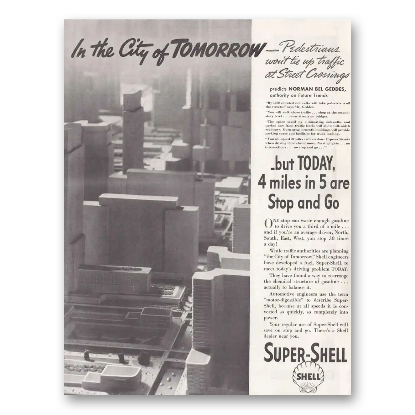 1937 Super Shell Gasoline City of Tomorrow Street Crossings Vintage Magazine Print Ad