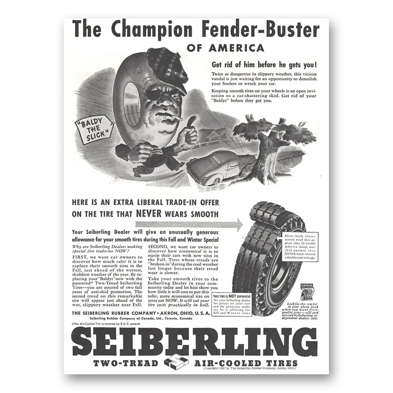 1937 Seiberling Tires Champion Fender Buster Vintage Magazine Print Ad