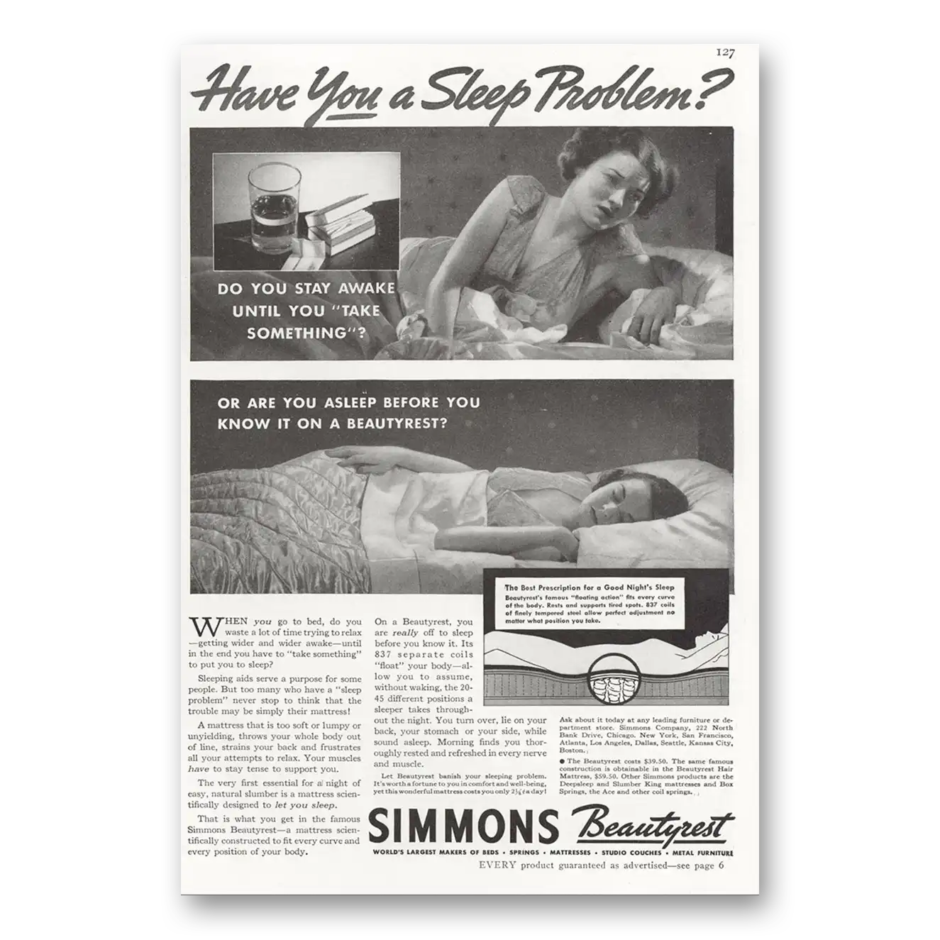 1937 Simmons Beautyrest Have You a Sleep Problem Vintage Magazine Print Ad