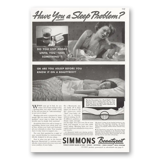 1937 Simmons Beautyrest Have You a Sleep Problem Vintage Magazine Print Ad