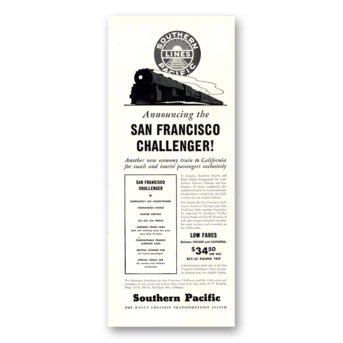 1937 Southern Pacific San Francisco Challenger Vintage Magazine Print Ad