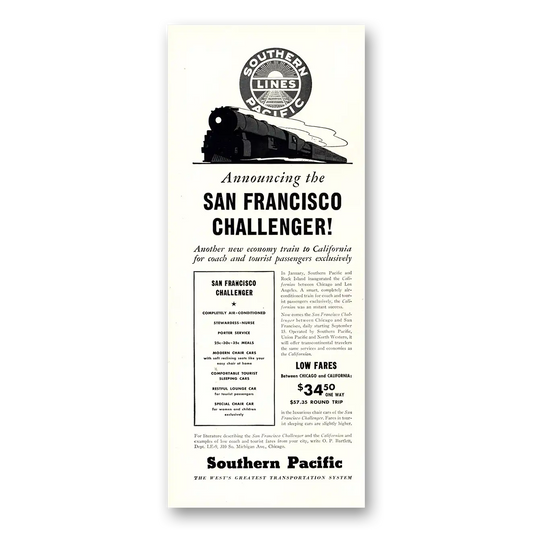 1937 Southern Pacific San Francisco Challenger Vintage Magazine Print Ad