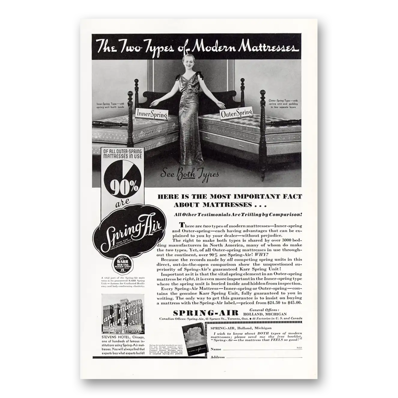 1937 Spring Air Mattress Two Types of Modern Mattresses Vintage Magazine Print Ad