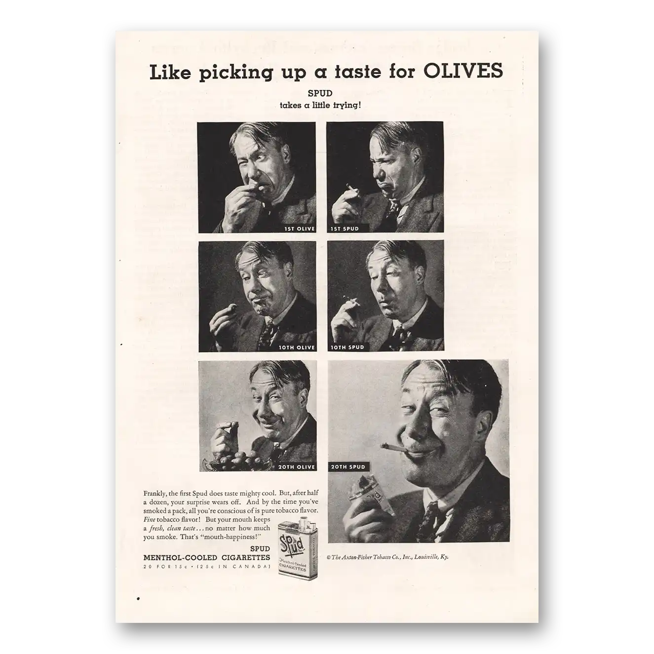 1934 Spud Cigarettes Picking Up a Taste for  Olives Vintage Magazine Print Ad