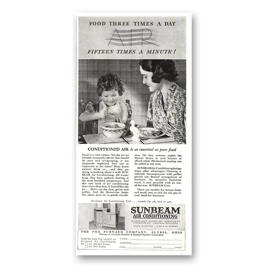 1937 Sunbeam Air Conditioning Food Three Times a Day Vintage Magazine Print Ad