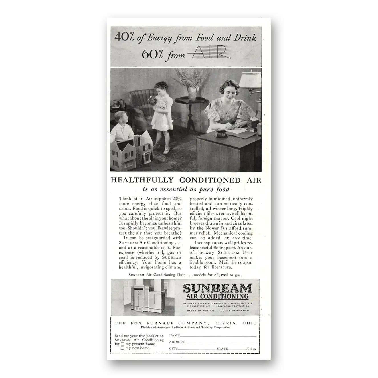 1937 Sunbeam Air Conditioning Healthfully Conditioned Vintage Magazine Print Ad