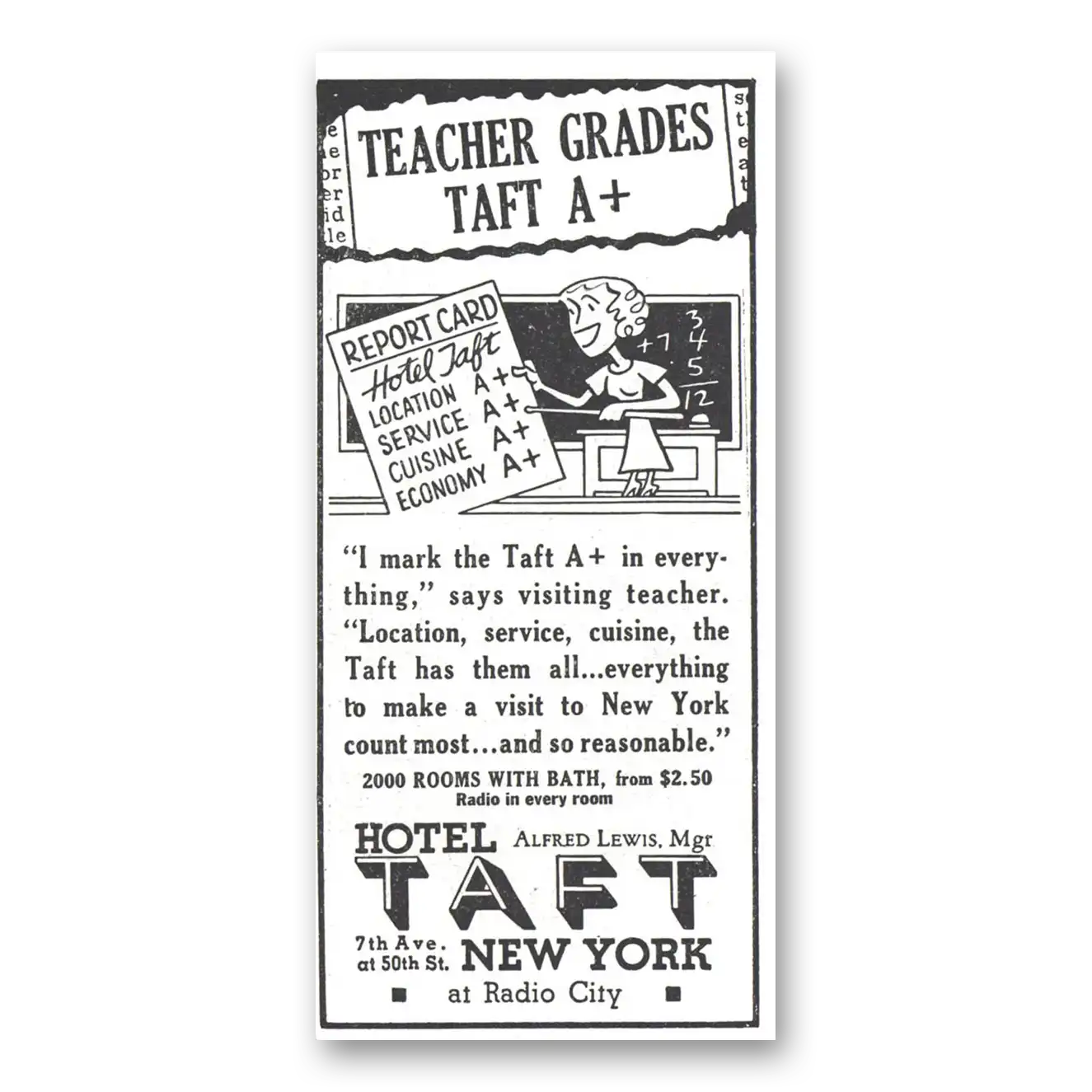 1937 Hotel Taft Teacher Grades Vintage Magazine Print Ad