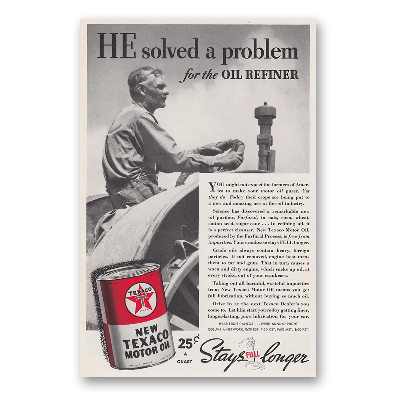 1937 Texaco Motor Oil He Solved a Problem for the Oil Refiner Vintage Magazine Print Ad