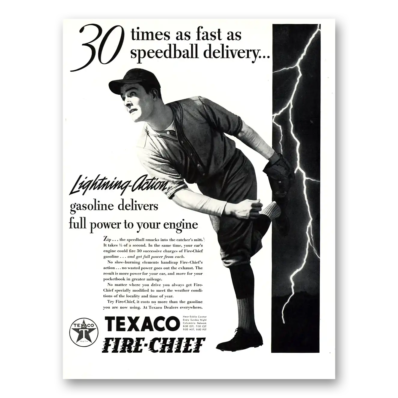 1937 Texaco Fire Chief Gasoline 30 Times As Fast Speedball Delivery Vintage Magazine Print Ad