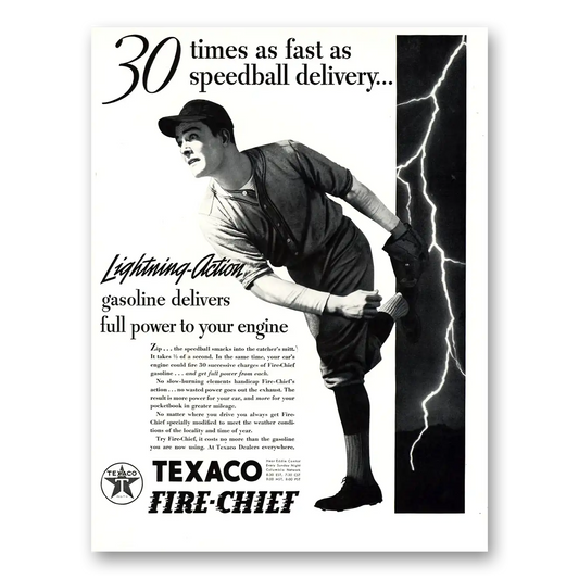 1937 Texaco Fire Chief Gasoline 30 Times As Fast Speedball Delivery Vintage Magazine Print Ad