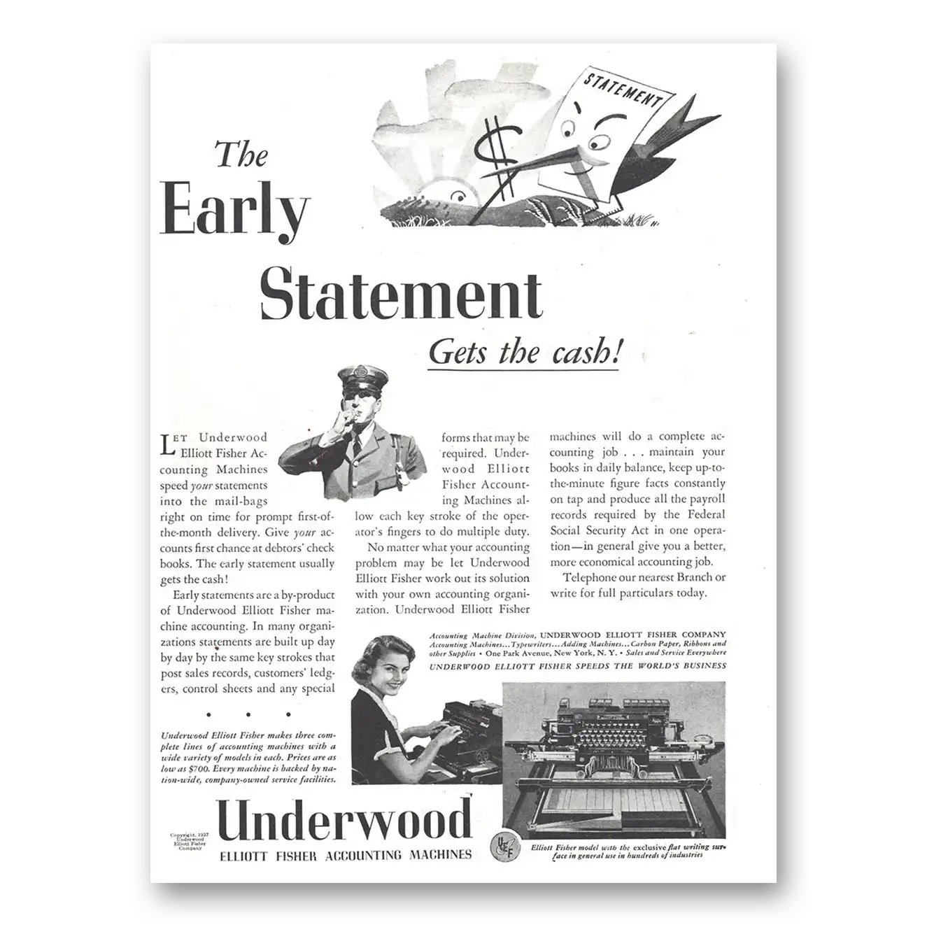 1937 Underwood Accounting Machines Early Statement Gets the Cash Vintage Magazine Print Ad