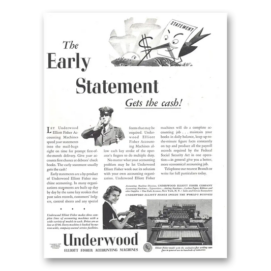 1937 Underwood Accounting Machines Early Statement Gets the Cash Vintage Magazine Print Ad