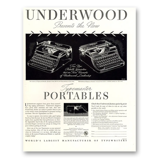 1937 Underwood Portable Typewriter Typemaster Portables Vintage Magazine Print Ad