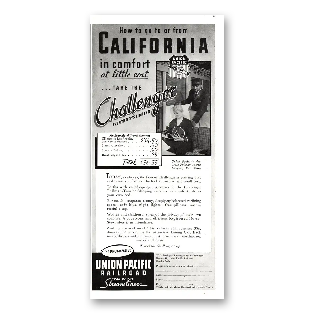 1937 Union Pacific Railroad California In Comfort Challenger Vintage Magazine Print Ad