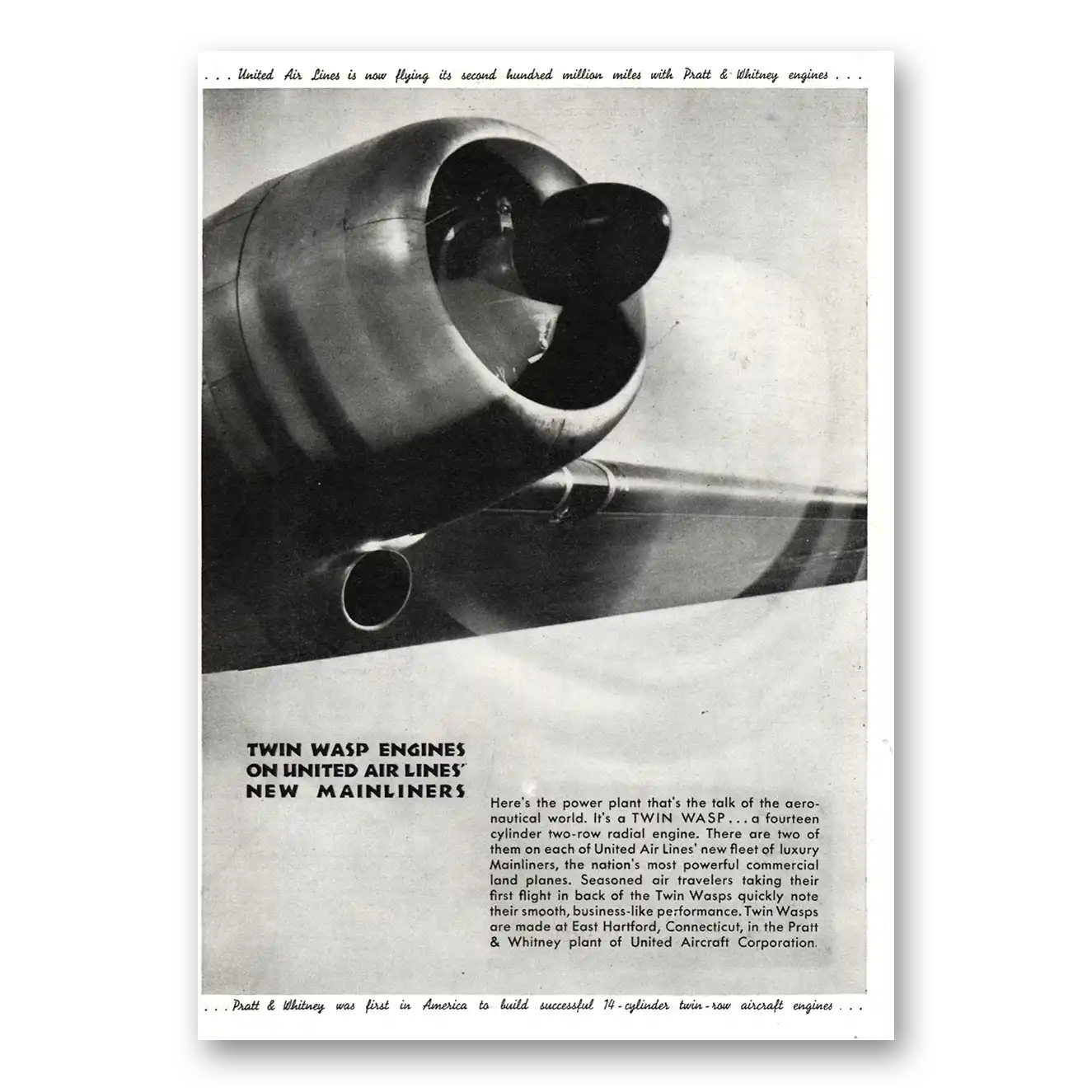 1937 United Airlines Twin Wasp Engines Mainliners Vintage Magazine Print Ad