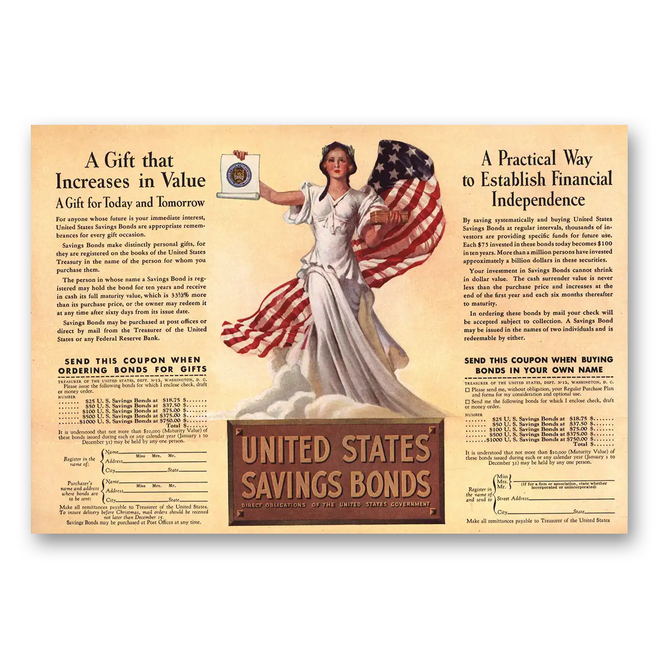 1937 United States Savings Bonds Gift that Increases Vintage Magazine Print Ad