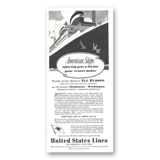 1937 United States Lines American Ships Vintage Magazine Print Ad