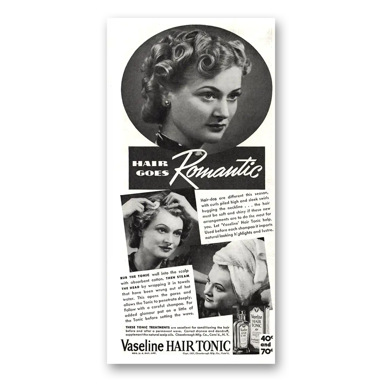 1937 Vaseline Hair Tonic Hair Goes Romantic Vintage Magazine Print Ad