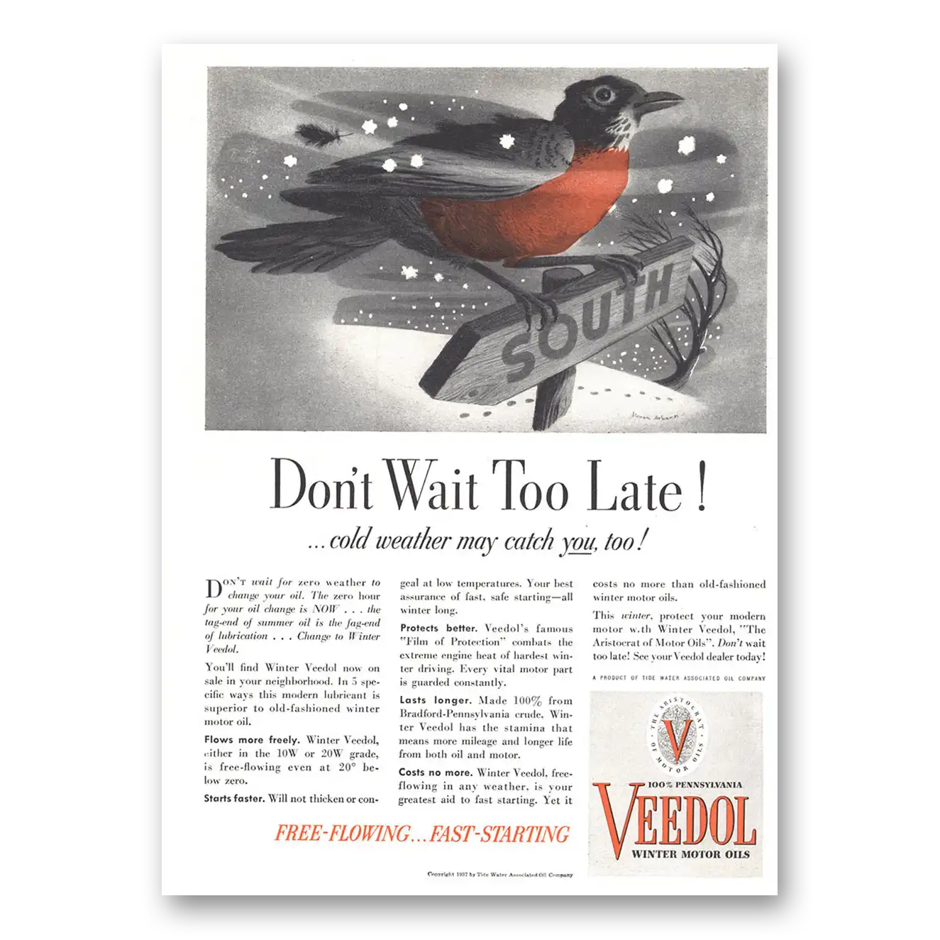 1937 Veedol Motor Oil Don't Wait Too Late Vintage Magazine Print Ad