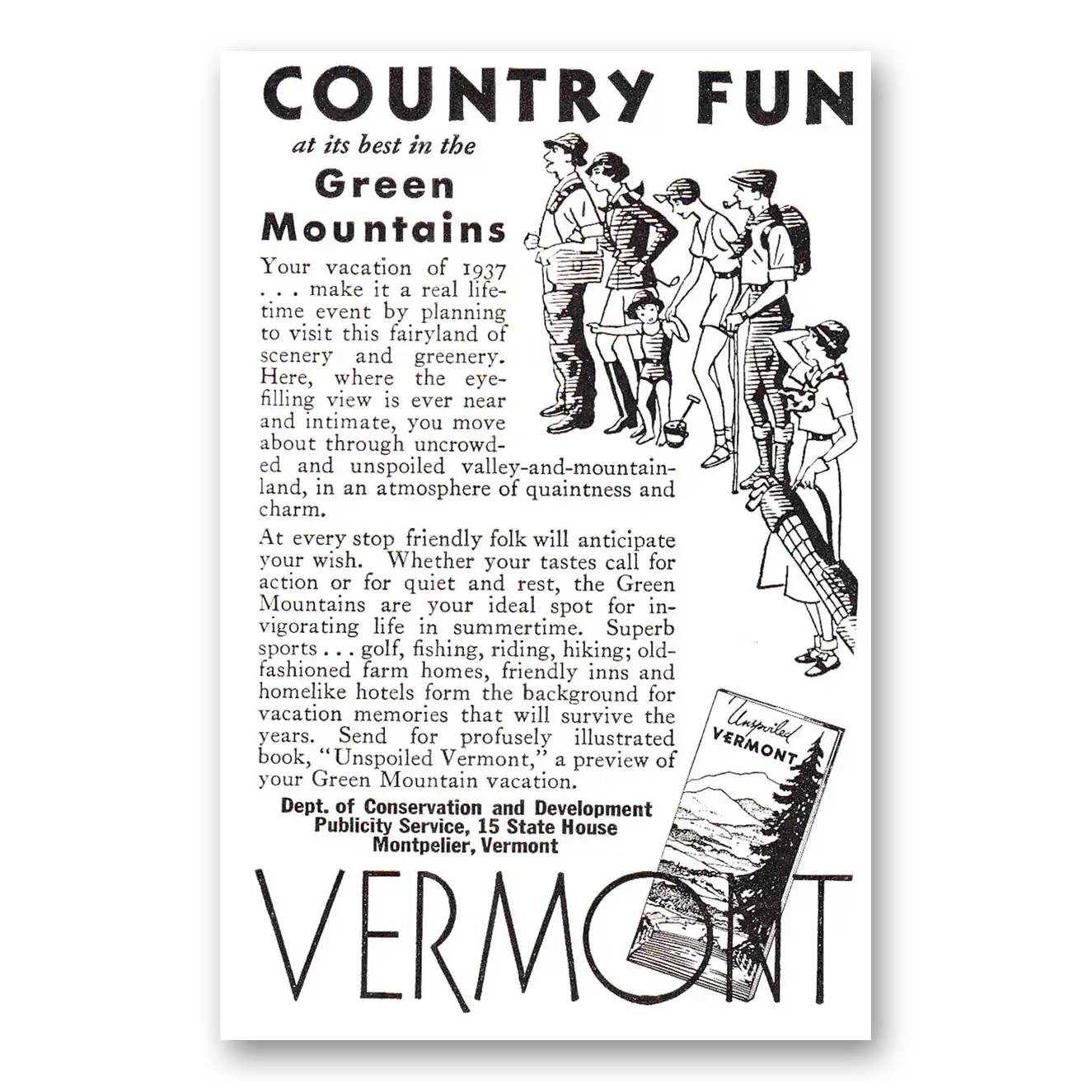 1937 Vermont Country Fun Green Mountains Vintage Magazine Print Ad