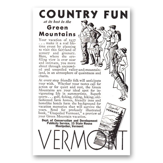 1937 Vermont Country Fun Green Mountains Vintage Magazine Print Ad