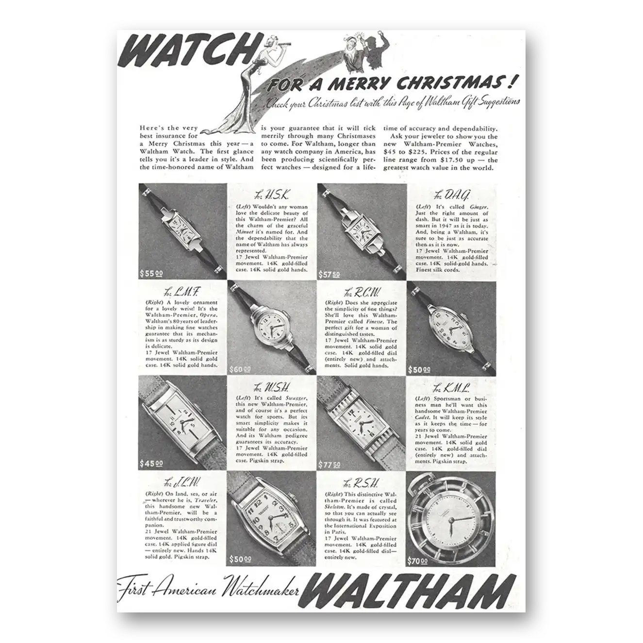 1937 Waltham Watch Merry Christmas Vintage Magazine Print Ad