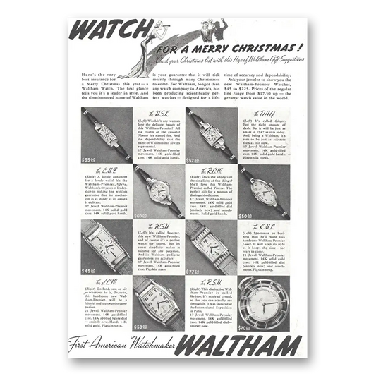 1937 Waltham Watch Merry Christmas Vintage Magazine Print Ad