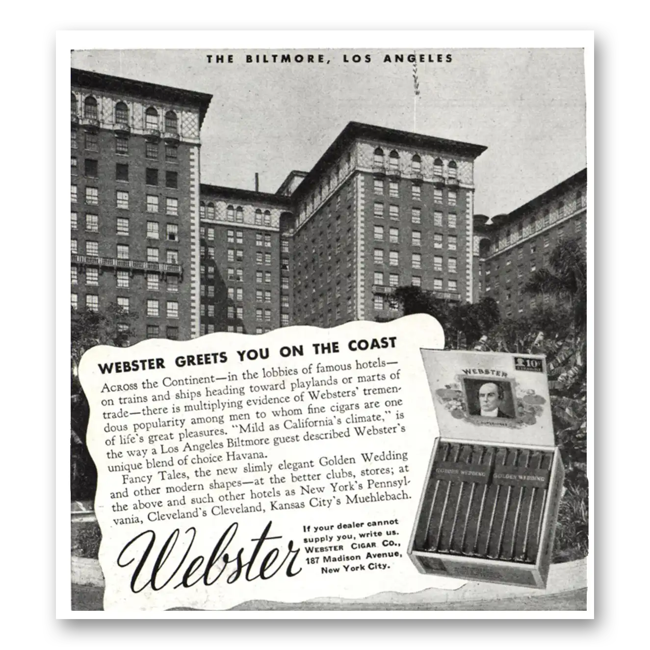 1937 Webster Cigars Biltmore Los Angeles Vintage Magazine Print Ad