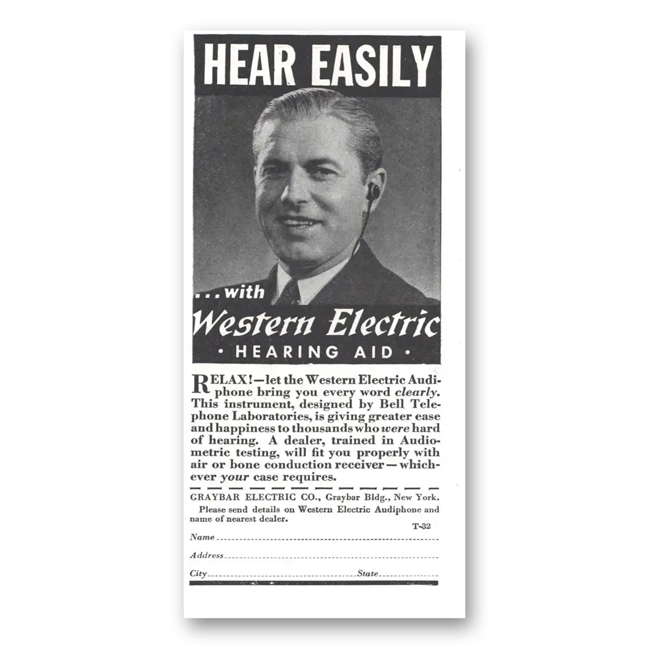 1937 Western Electric Hearing Aid Hear Easily Vintage Magazine Print Ad