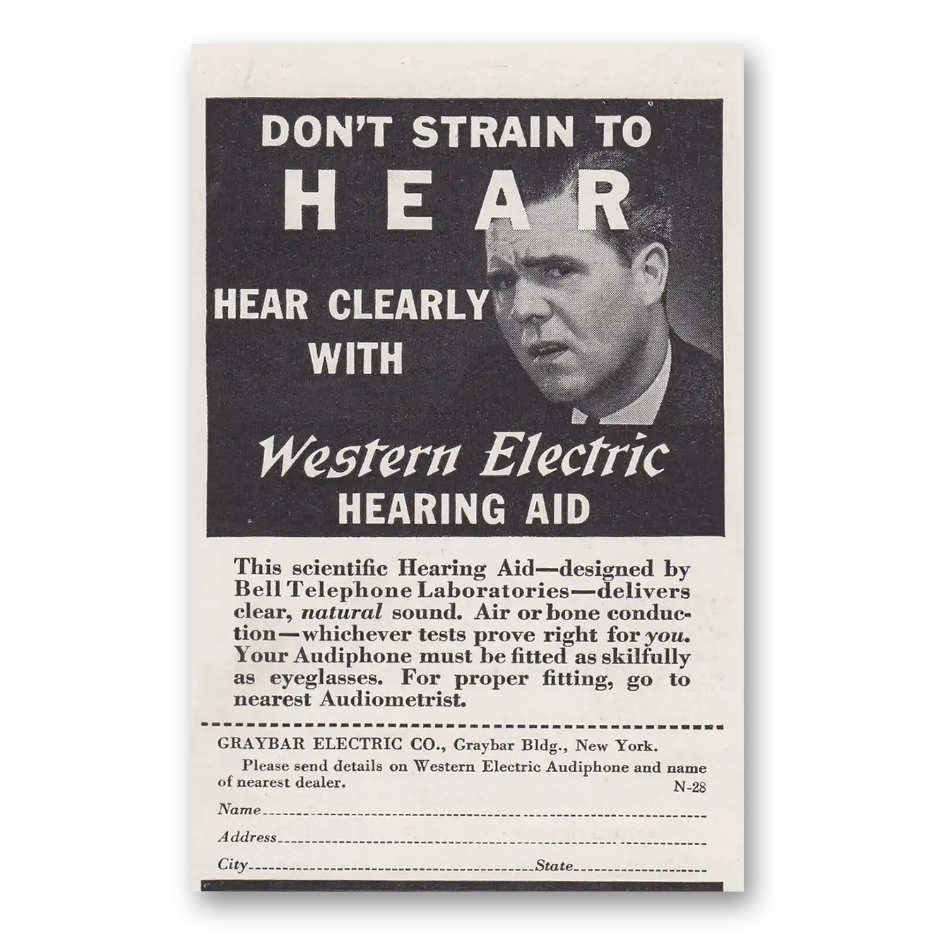 1937 Western Electric Hearing Aid Don't Strain To Hear Vintage Magazine Print Ad