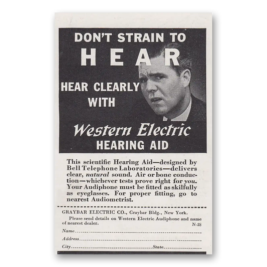 1937 Western Electric Hearing Aid Don't Strain To Hear Vintage Magazine Print Ad