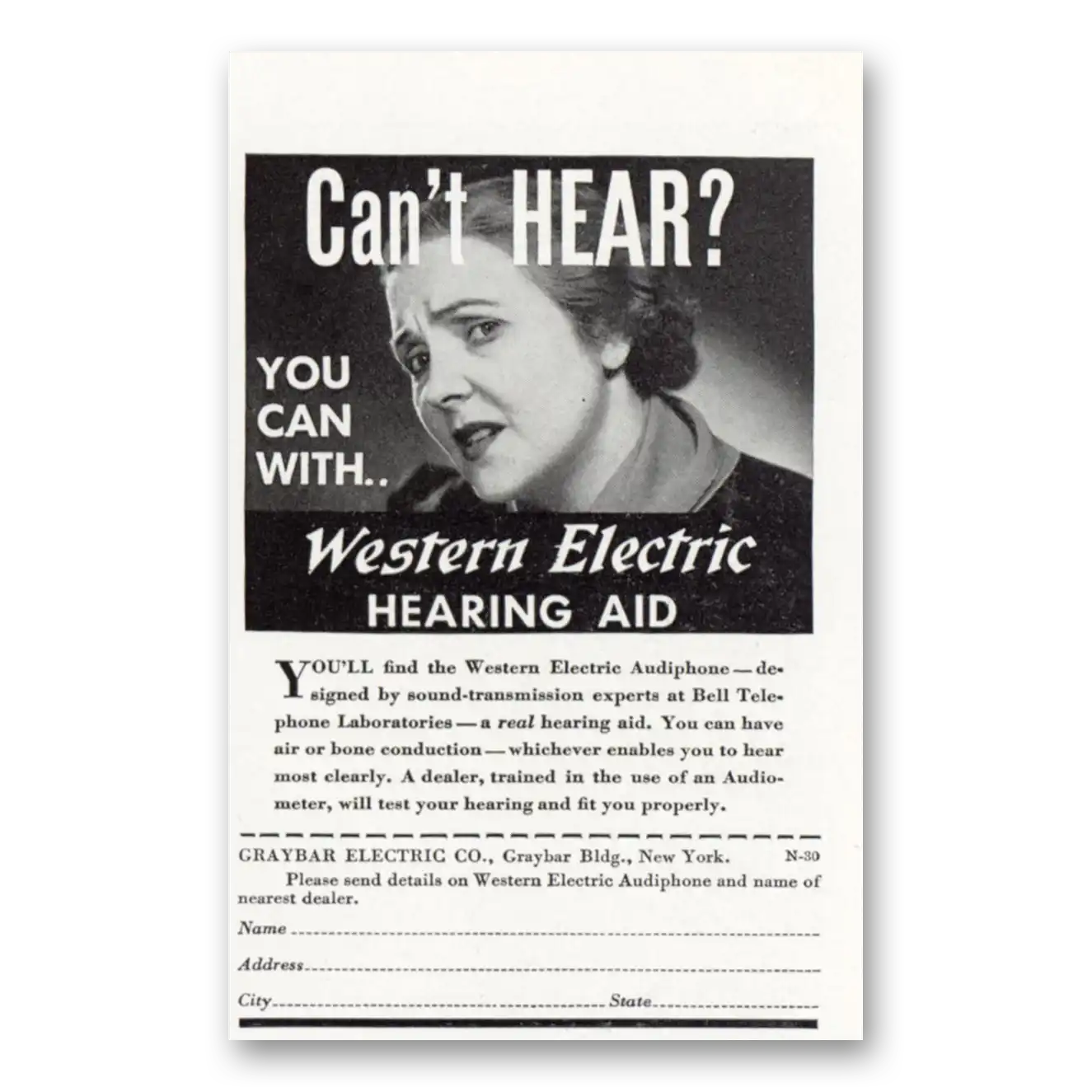 1937 Western Electric Hearing Aid Can't Hear Female Vintage Magazine Print Ad