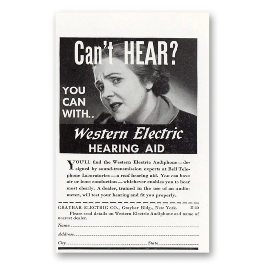 1937 Western Electric Hearing Aid Can't Hear Female Vintage Magazine Print Ad