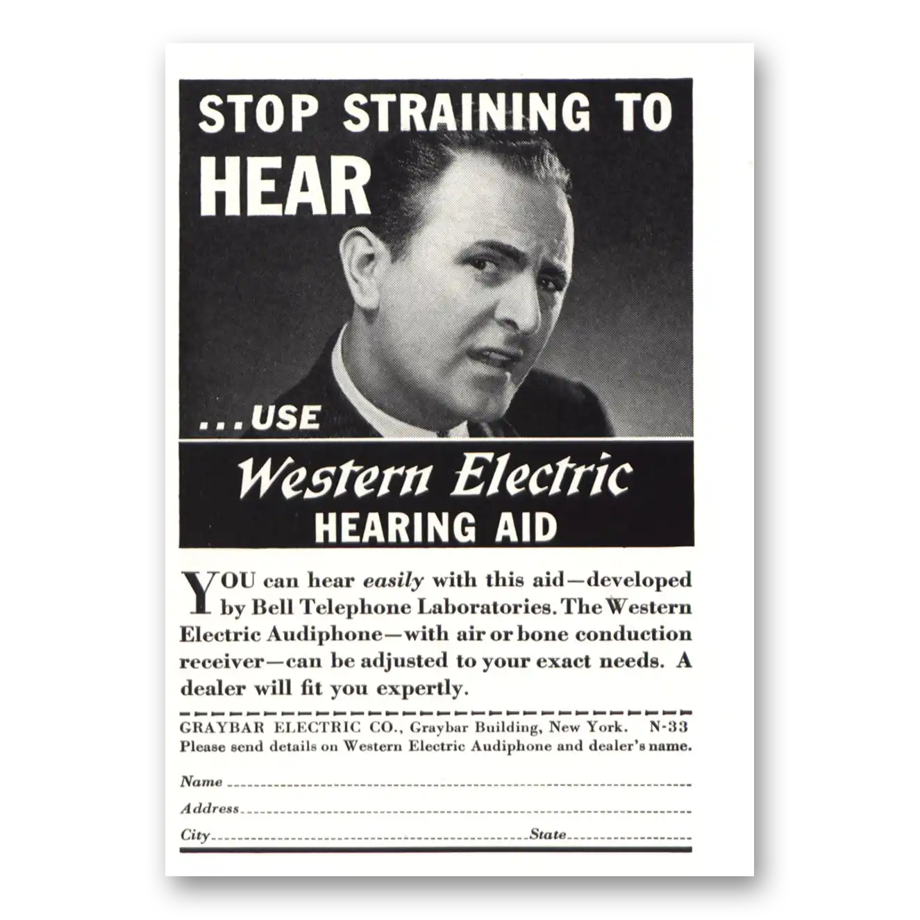 1937 Western Electric Hearing Aid Stop Straining to Hear Vintage Magazine Print Ad