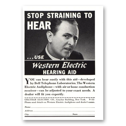 1937 Western Electric Hearing Aid Stop Straining to Hear Vintage Magazine Print Ad