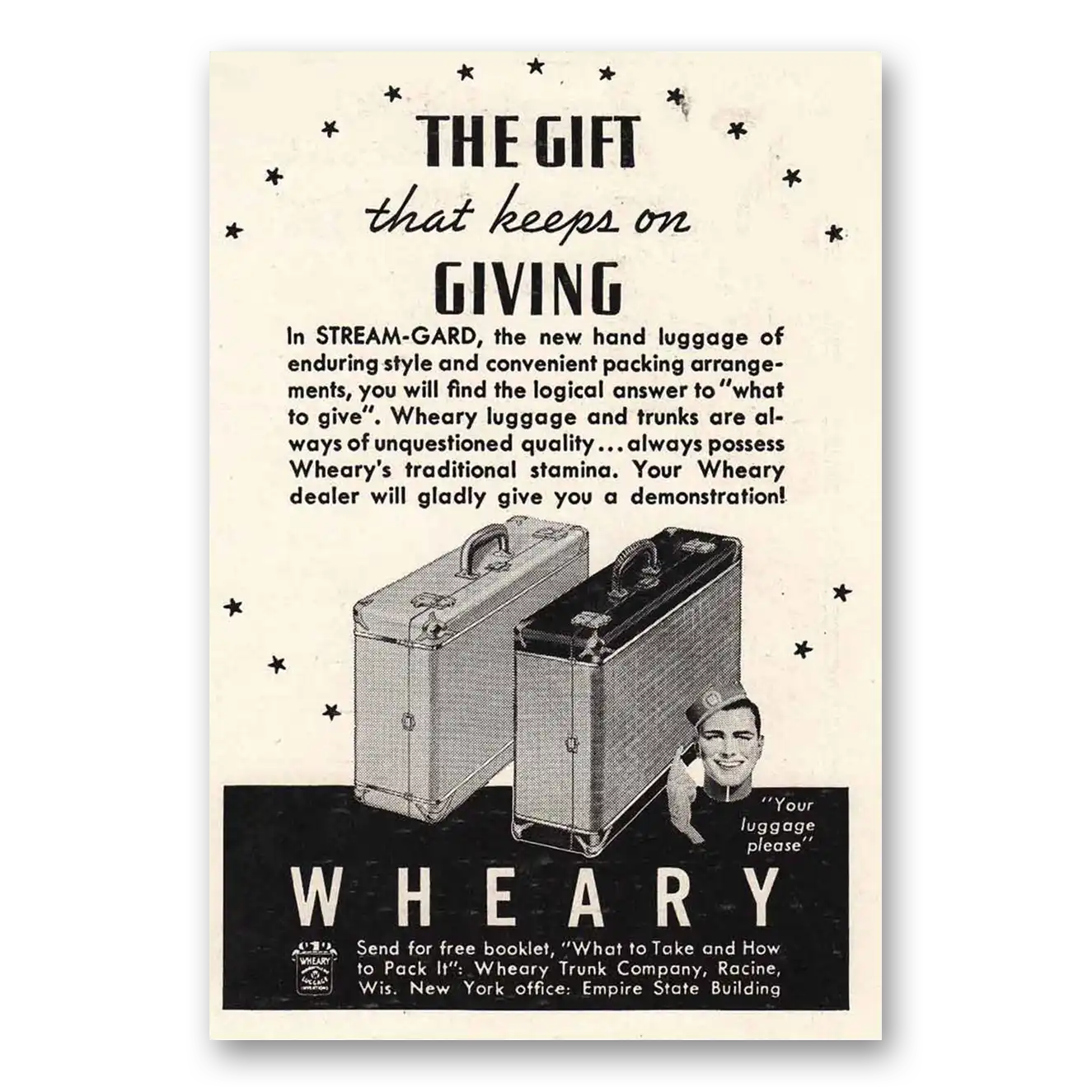 1937 Wheary Luggage Stream Gard Vintage Magazine Print Ad