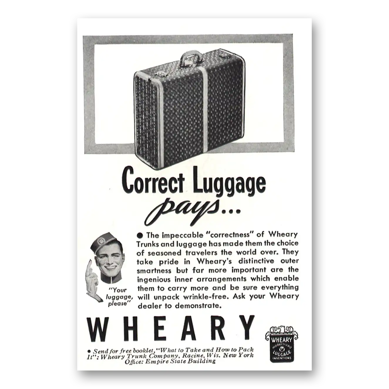 1937 Wheary Luggage Correct Luggage Pays Vintage Magazine Print Ad