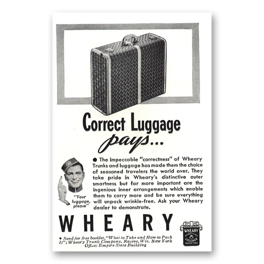 1937 Wheary Luggage Correct Luggage Pays Vintage Magazine Print Ad