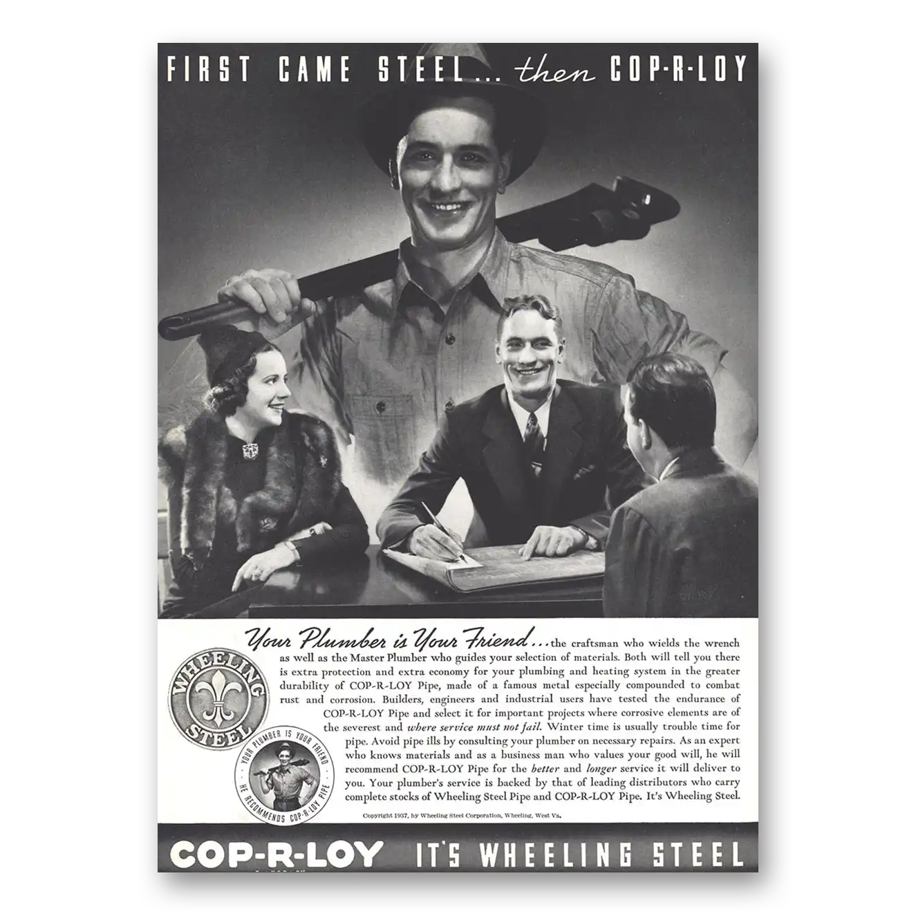 1937 Wheeling Steel First Came Steel Then Coprloy Vintage Magazine Print Ad